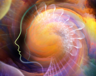 Abstraktes Profil eines menschlichen Gesichts vor einer leuchtenden, spiralförmigen Energiewolke in warmen Farben.