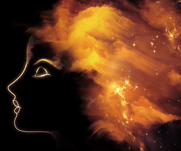 Abstraktes Profil einer Frau mit glühender, feuriger Wolke aus Licht und Sternen, die aus ihrem Kopf strömt.