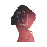 Silhouette eines Frauenkopfs mit galaktischem Farbverlauf, darin eingezeichnete Karten mit spirituellem Symbol